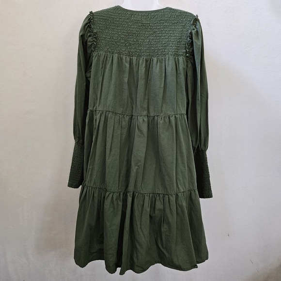 Pomander Place Dress sz M Ceci Smocked Long Sleeve Green Tiered Cotton Mini Boho - Picture 3 of 16